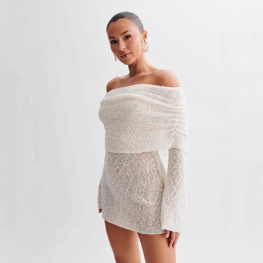 2025 New women's dress new knitted women's beach short skirt sexy perspective long sleeved off shoulder dress new designer dress