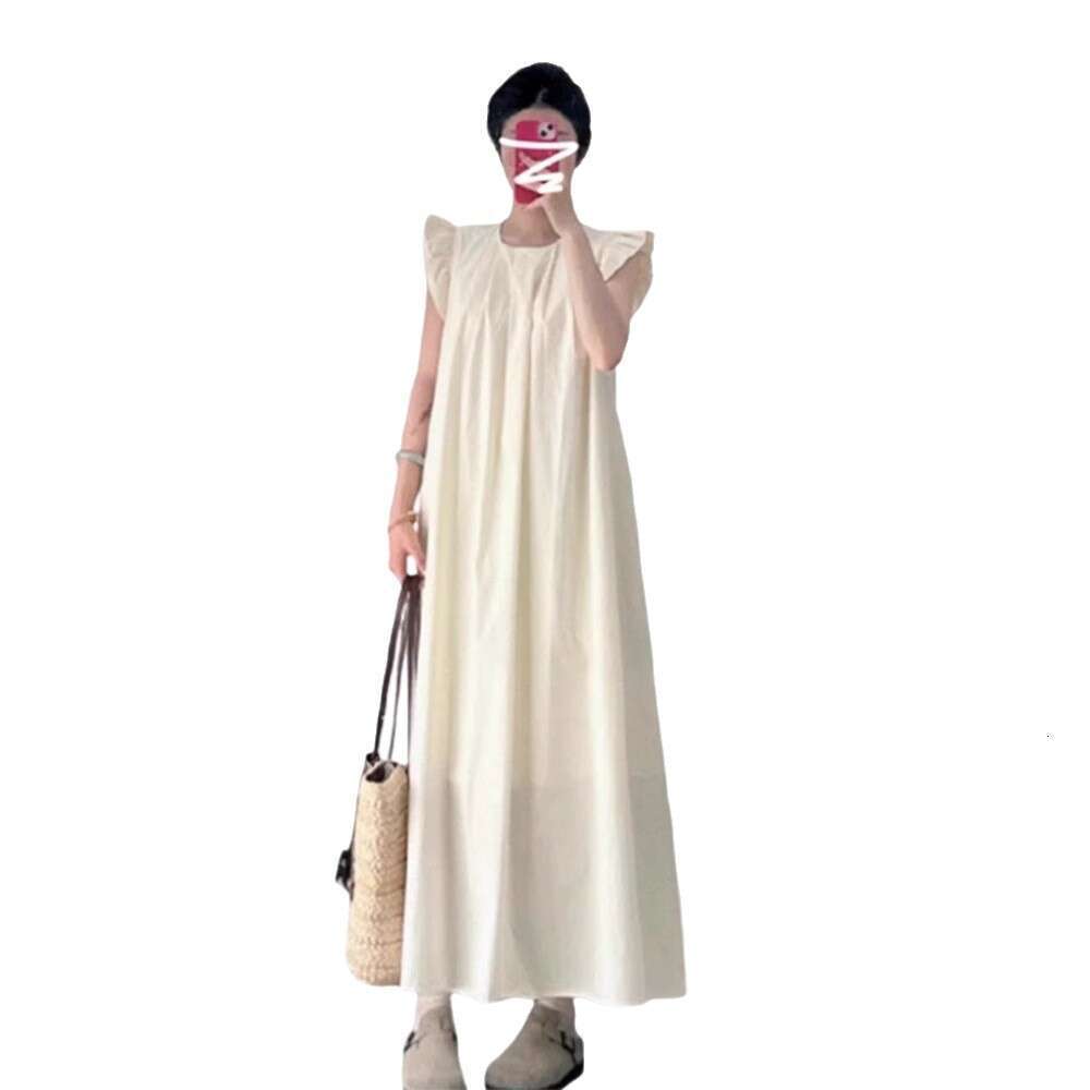 New Flying Sleeve Plus Size MM Beach Vacation Round Neck French Style High-End Loose Slimming Elegant Long Dress B5