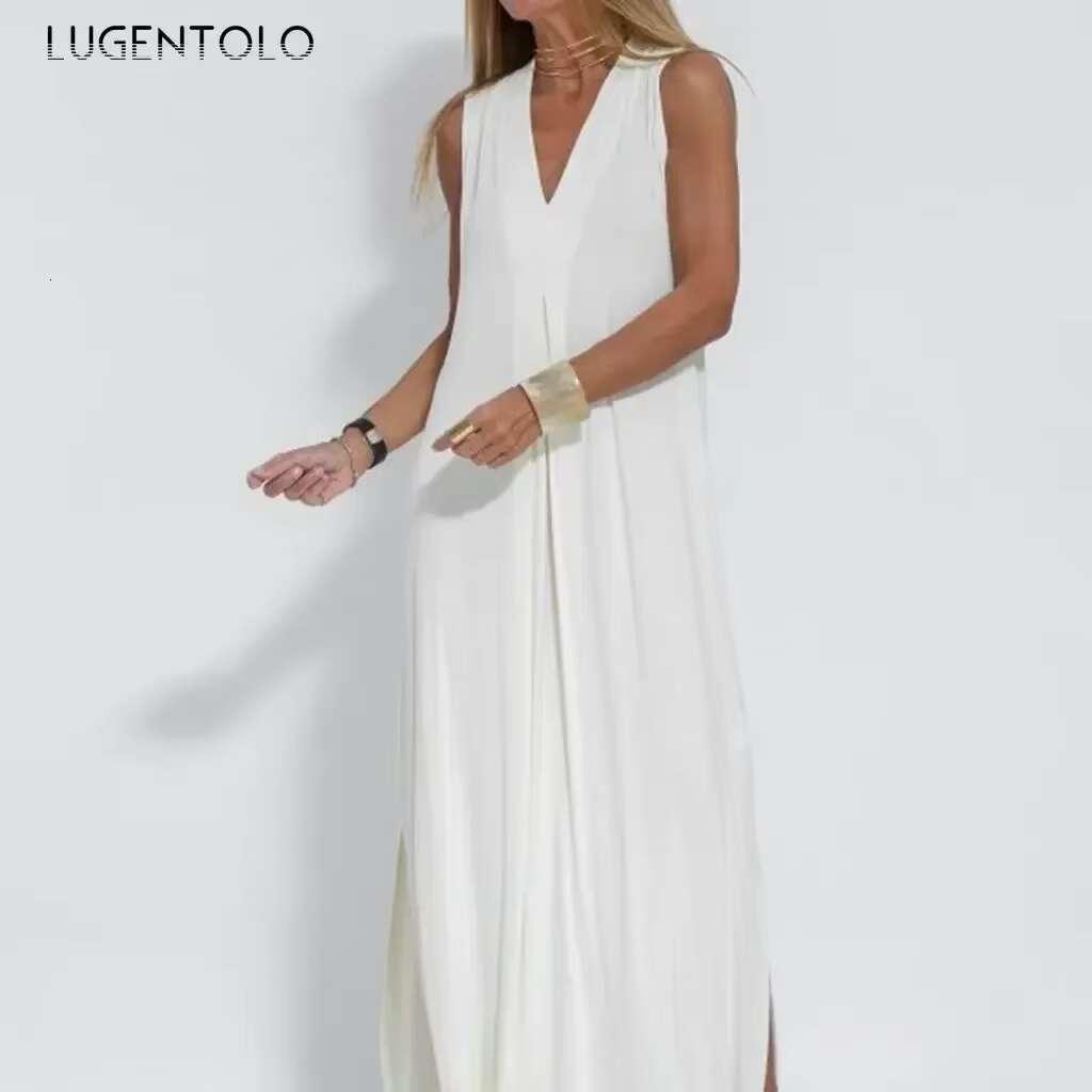 Fashion V-neck Dress Women Sleeveless Split End Summer Solid New Elegant Female Loose Casual Pullover Maxi Clothing dongdumaoyi