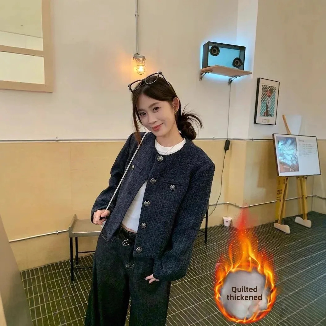 Elegant Vintage Tweed Cropped Jacket Womens Autumn/Winter High-End Slimming Long Sleeve Top Trendy Crew Neck Socialite Style 250708