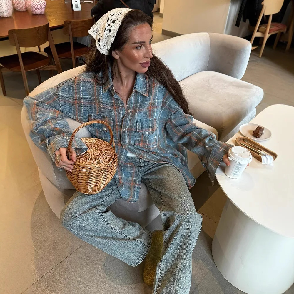 Denim Plaid Shirt Coat Womens Loose Single Breasted Turndown Collar Full Sleeve Tops 2025 Summer Ladies Fashion Streetwear 250704