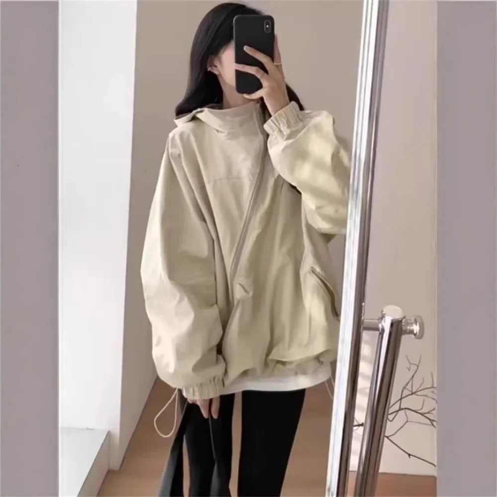 Korean Style Thin Windbreaker Jacket Womens Casual Workwear Coat with Hood Personalized Fashion Loose Fit Outerwear 250708