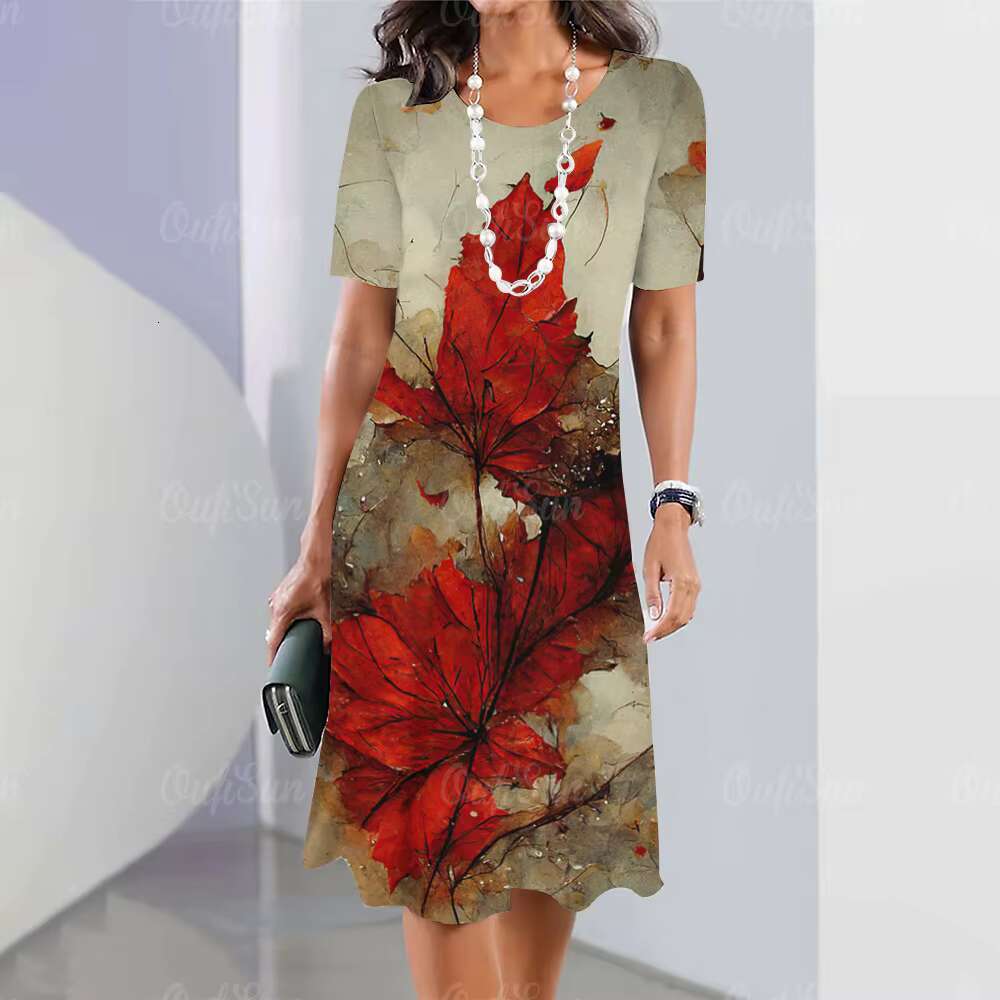 2024 New Leaf Print Elegant Beautiful Midi Dresses Fashion Plus Size Womens Dressess dongdumaoyi