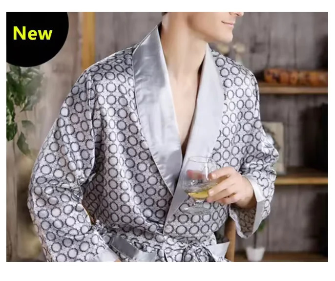Mens Pajamas Robes Silk Kimono Robe Long Sleeve Bathrobe Satin Nightgown Male Summer Home Clothing Oversize 5XL 250710