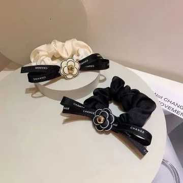 Vintage Fashion Ribbon Camellia Elastic Hair Bands Rubber Bands Popular High End Letter Bow Black and White Hair Ropes W250714D