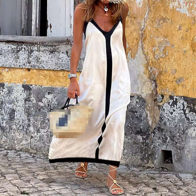 2024 Summer New Womens Fashion Color Blocked Suspender Sexy Sleeveless V-neck Mid Length Vacation Style A-line Dress dongdumaoyi