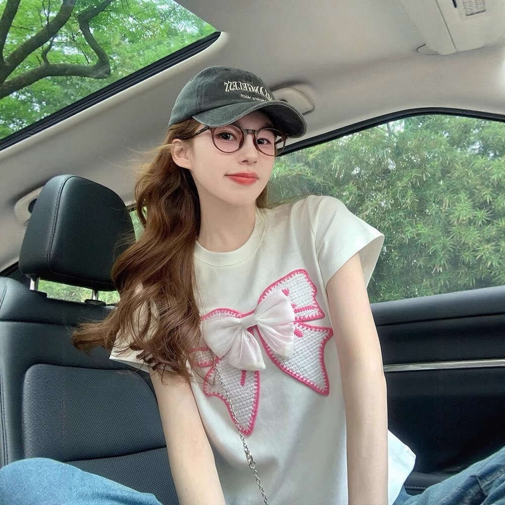 Sweet Style White Bowknot Off-Shoulder Short Sleeve T-Shirt For Women Summer New Loose Casual Youthful Design Top B5 h7