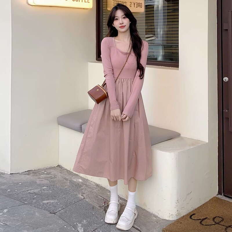 Autumn New Style Slightly Plump MM Tea Break French Chic Waist-Slimming Square Neck Hepburn Little Black Dress B5