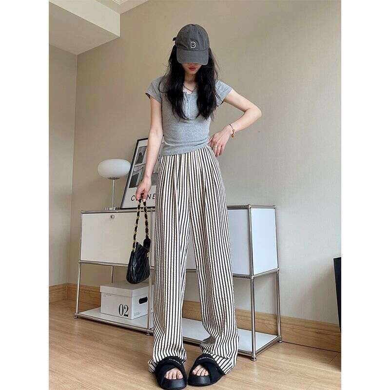 Striped Lazy Casual For Women, Summer Thin Style, Plus Size Loose Fit, Slimming Pear Shape Body, Draped Wide Leg Pants B5