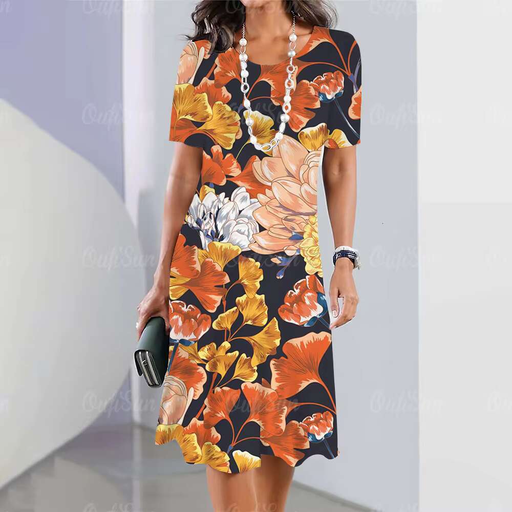 2023 Summer Womens Crushed Flower Elements Travel Party Dresses Elegant Casual Loose Short Sleeve Dress dongdumaoyi