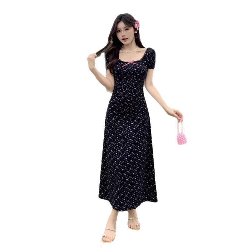 French Style Petite Black Floral Women's Summer New Design Sense Pear-Shaped Body Long Dress B5