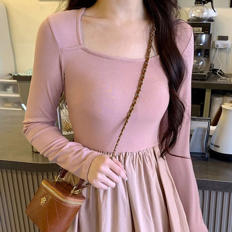 Autumn New Style Slightly Plump MM Tea Break French Chic Waist-Slimming Square Neck Hepburn Little Black Dress B5