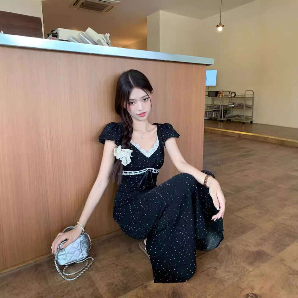 Polka Dot Black A-Line Women's Summer Design Slim Fit Elegant Umbrella French Style Long Dress Women B5
