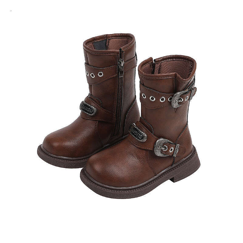 Girls' Fashion Leather 2024 Autumn New Big Kids Knight Mid-Calf Children's British Style Martin Boots