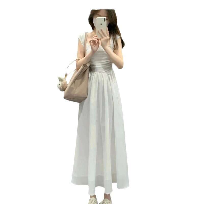 White Summer Women's Fashion New French Style High-End Elegant Long Waist-Cinching Slimming Fairy Dress B5