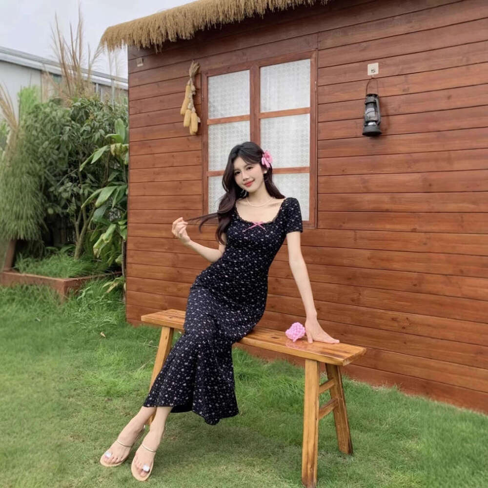 French Style Petite Black Floral Women's Summer New Design Sense Pear-Shaped Body Long Dress B5