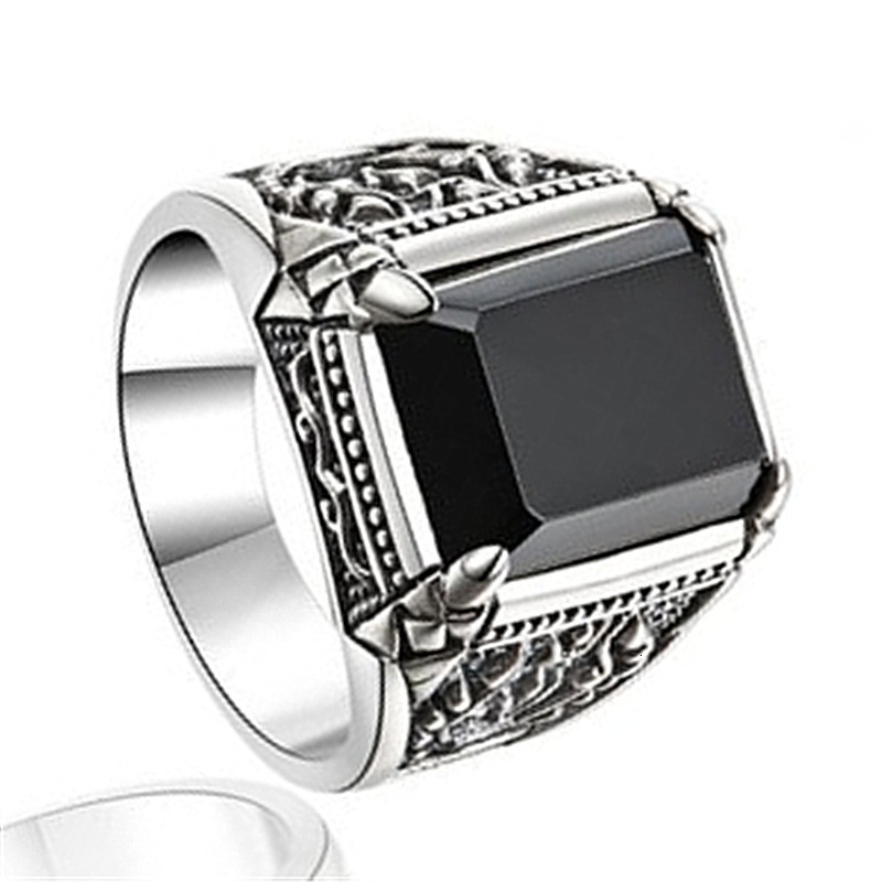 Thai silver dark soul ring imitates Black Agate for mens ring personality trend four claws for mens ring