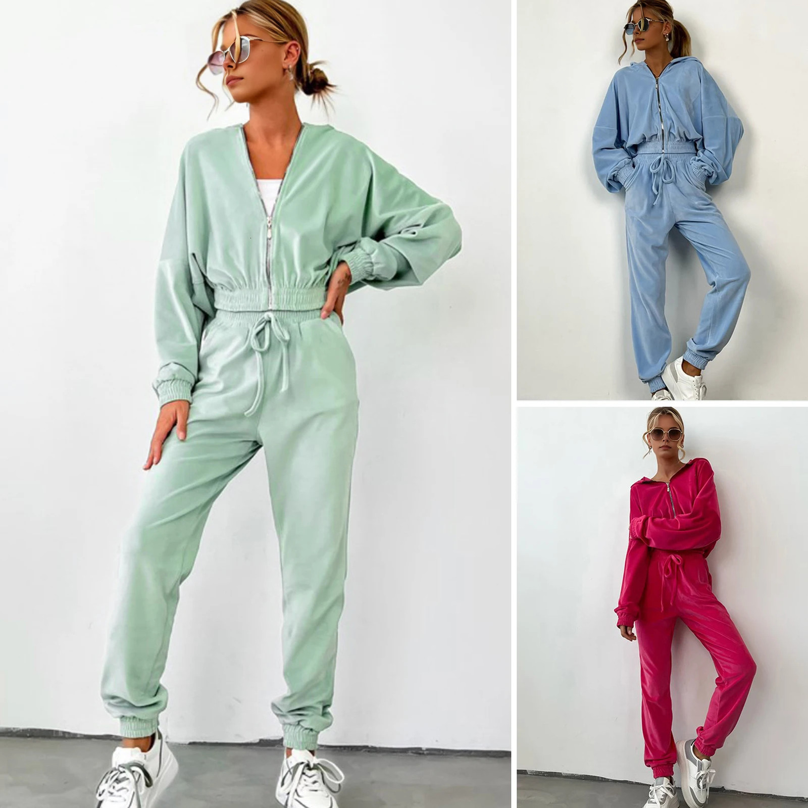 Womens Fall and Winter fashion set zipper hoodie Drawstring Tracksuit Trouser Solid color Two-piece set Girls Clothing 250708