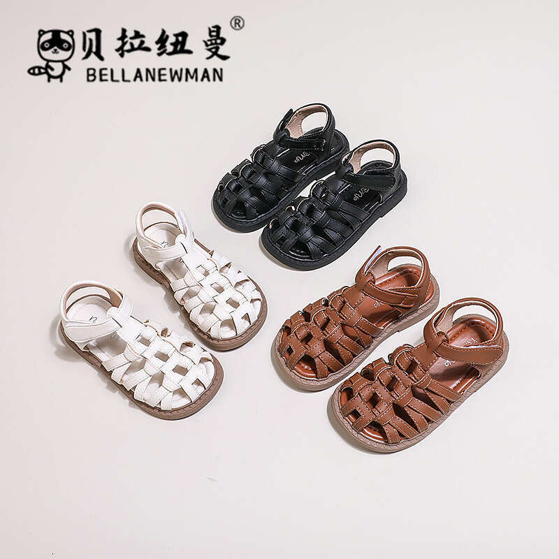 Girls' Woven Roman 2024 Summer New Style for Older Children, Children's Closed-Toe Beach Sandals