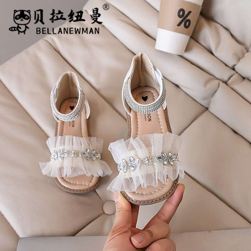 Girls Fashion Rhinestone Lace Sandals 2024 Summer New Baby Soft Sole Beach Children Open-Toe Roman Shoes