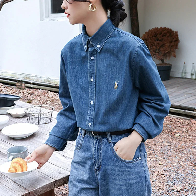 2024 American Style Vintage Denim Shirt Womens Zhengxiu Crystal Same Small Horse Embroidery Casual Jacket 250704