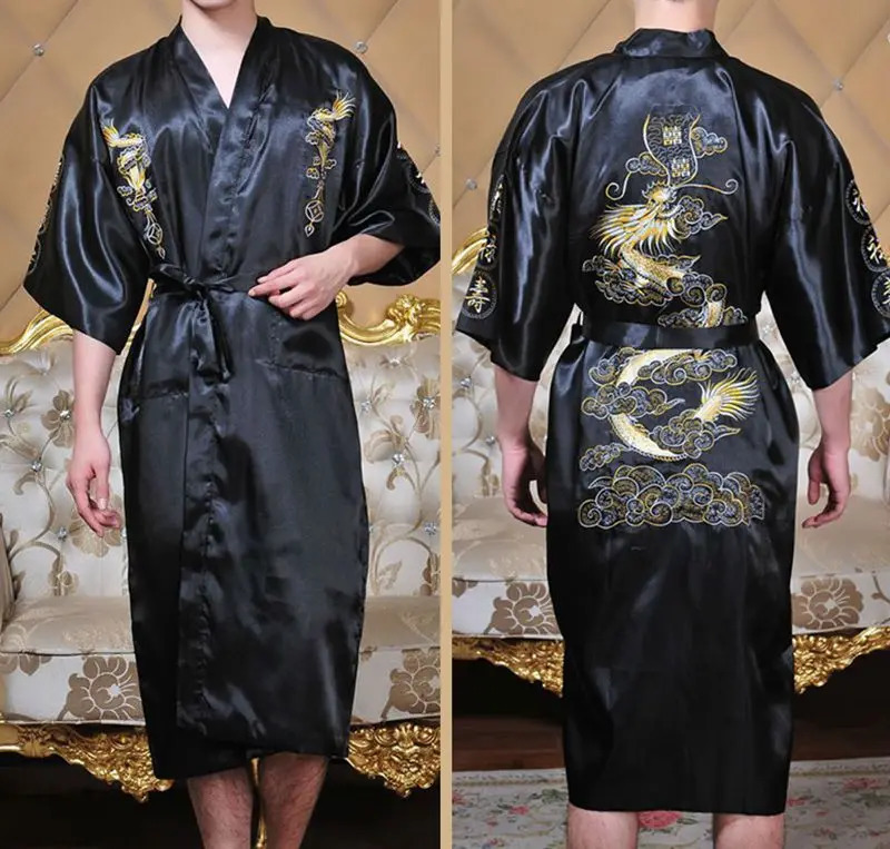 Man Homewear Long Bathrobe Satin Kimono Nightgown Chinese Style Robe Classical Embroider Dragon Loose Sleepwear Loungewear 250710