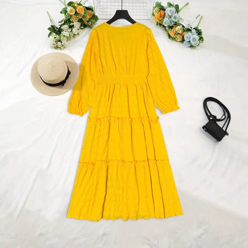 2025 New women's dress new women's V-neck sexy A-line dress solid color long sleeved loose summer dress new designer dress