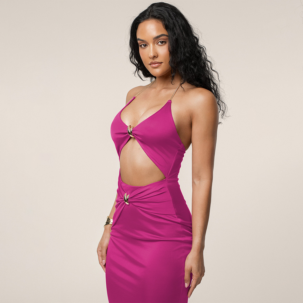 Ins Style 2025 Summer Halter Neck Hollow Out Dress Sexy Fashion Slim Fit Solid Color Deep V Long Dress 250313