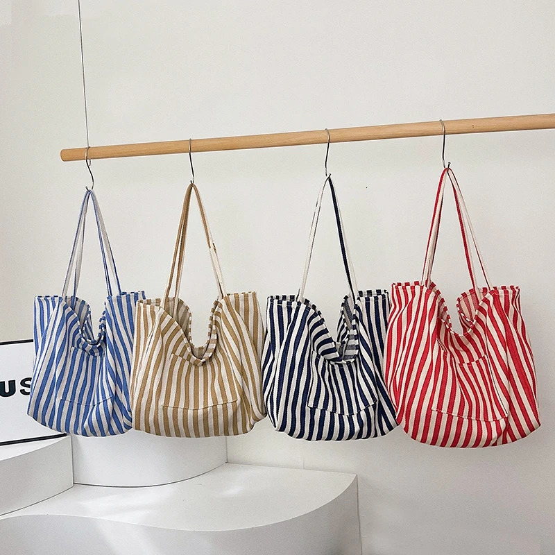 Summer Stripe Canvas Tote Bag Female Casual Large Capcity Handle Bag Simple Shoulder Bags Shopping Handbag Daily Bag 250704