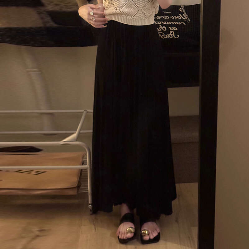 Black High-Waisted For Women Summer New Style Petite Slimming Draped A-Line Flared Midi Skirt B5