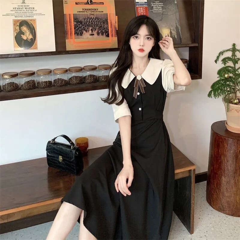 Hepburn Style Short Sleeve Black Fake Two-Piece For Women Summer New Waist-Cinching Slimming French Mid-Length Dress B5