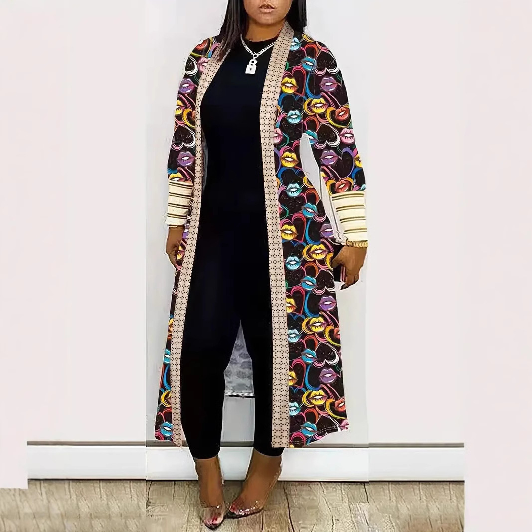 Stitching Casual Cardigan Open Front Y2K Tie-Dye Printed Cardigan Trench Women Long Sleeve Straight Stripe Longline Coat 240813