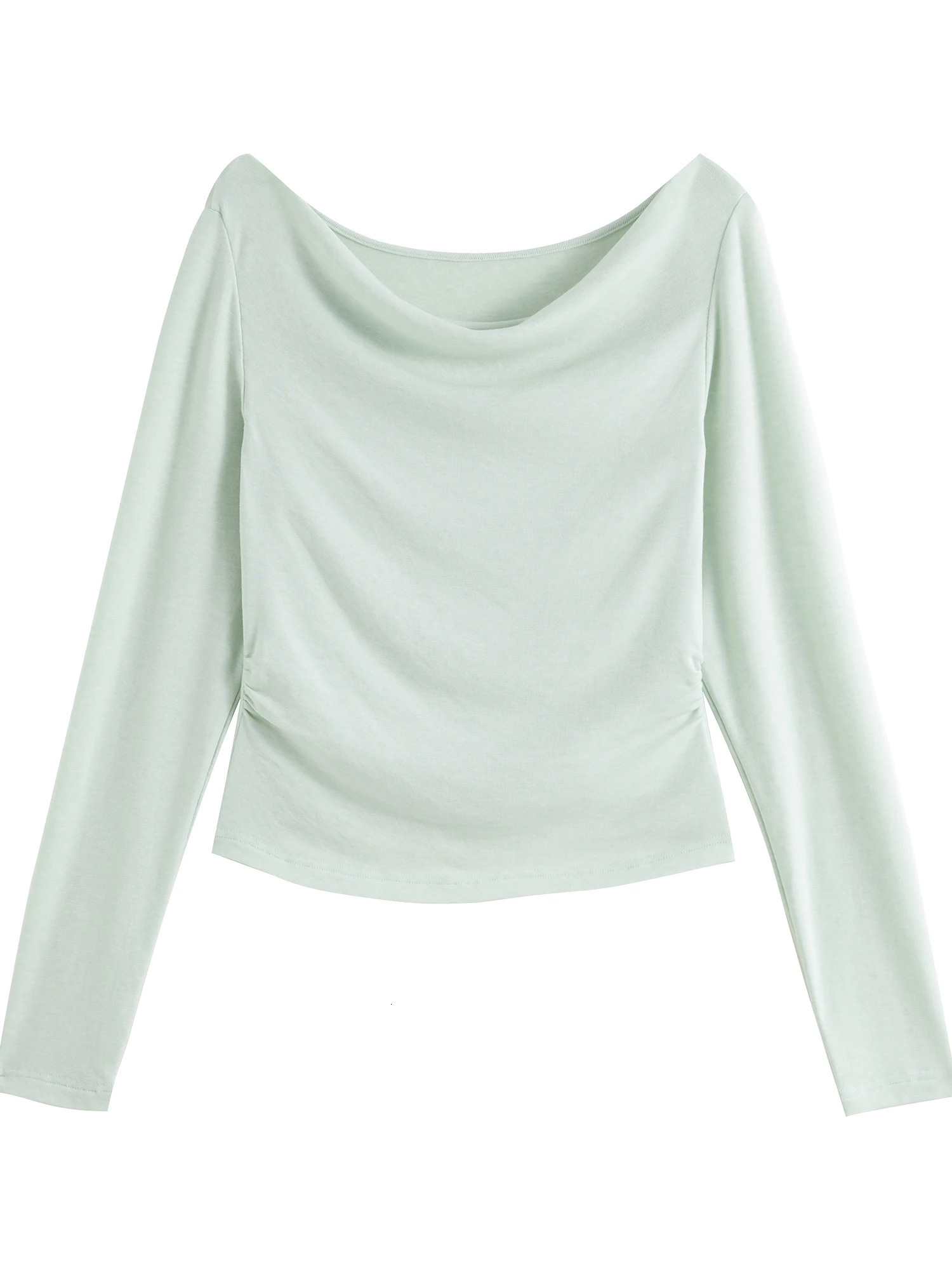 ZIQIAO Women Spring Long Sleeve T-Shirt Tops 19.4% Wool Swing Neck Slim Fit Top Spring Female Black Top 25ZQ91081 250703