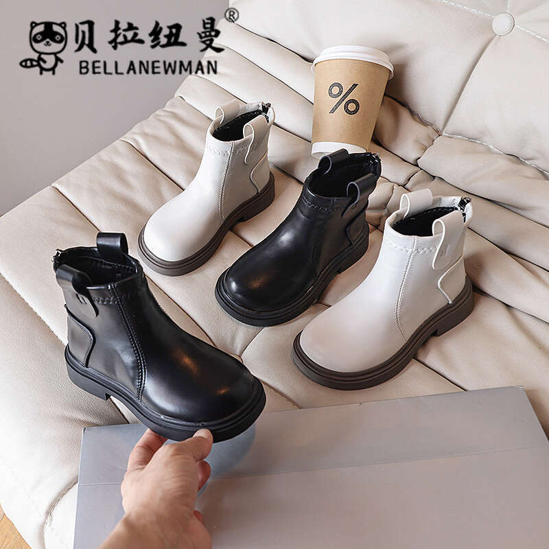 Children's Black Leather Short 2024 Autumn New Korean Girls' British Style Martin Boots for Older Kids