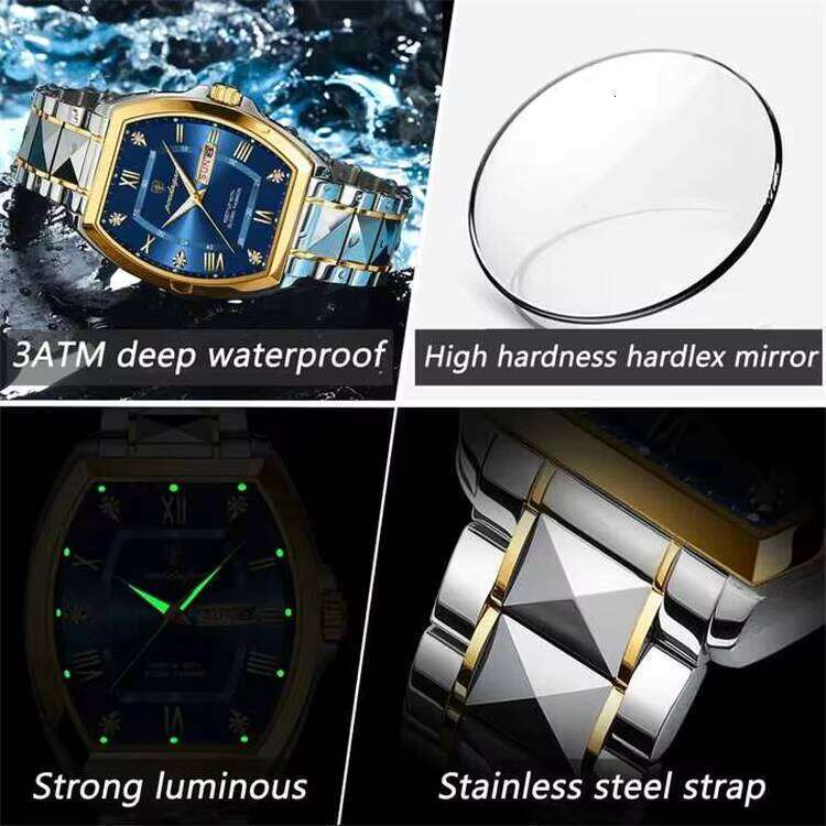 DHwatches Men's Tonneau Watch - Waterproof 50M Luminous Quartz Wristwatch with Day & Date, Stainless Steel (Model 958)