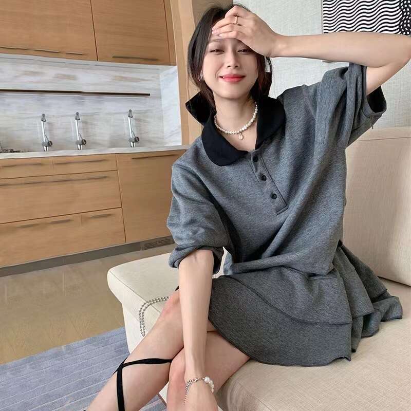 Summer College Style Student Casual Fashion Design Turn-Down Collar Color-Block Short Sleeve T-Shirt And Skirt Two-Piece Set For Women B5
