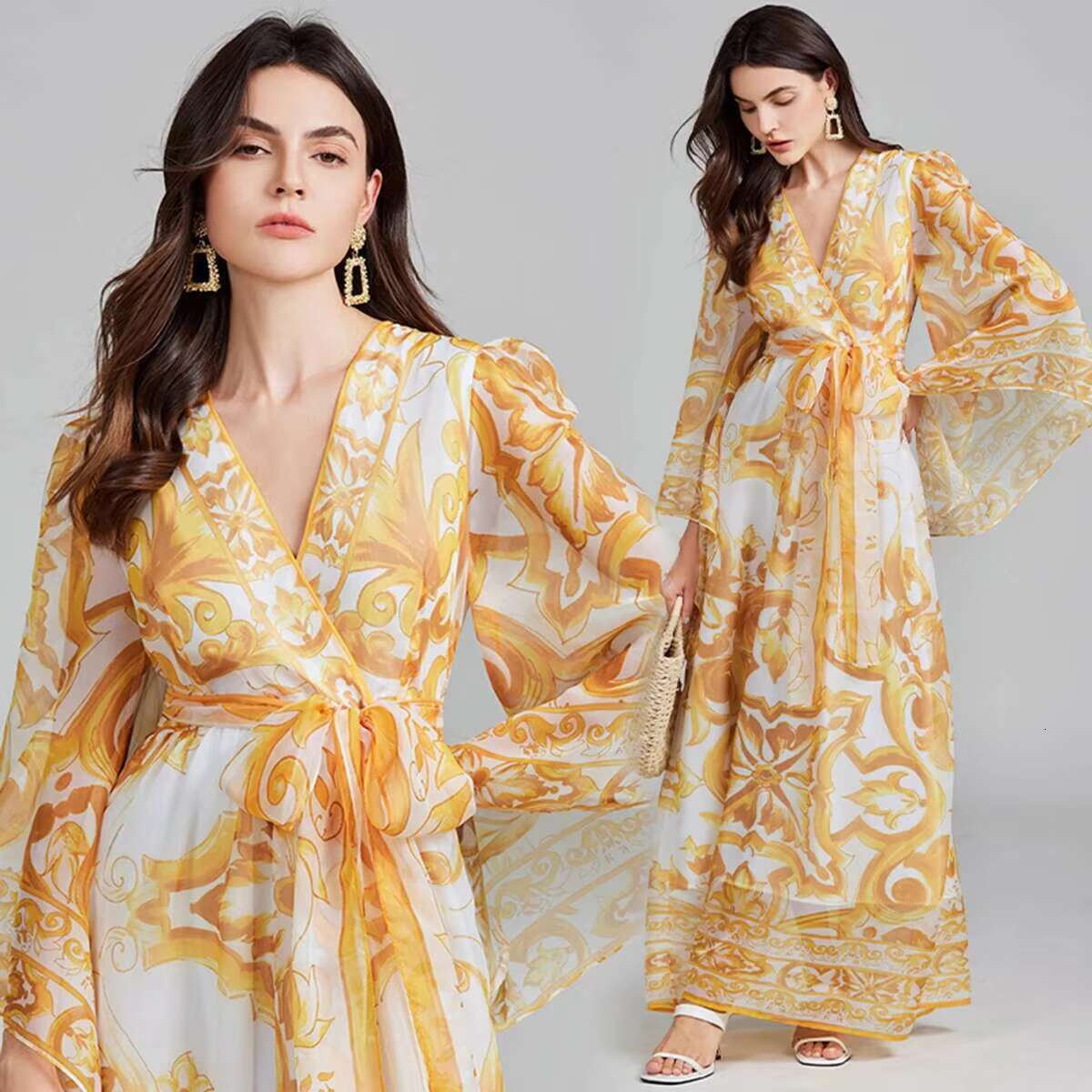 Summer Autumn Golden White Porcelain Flower Print Lantern Long Sleeve Maxi Dress For Women Muslim Style Prom Evening Dresses dongdumaoyi