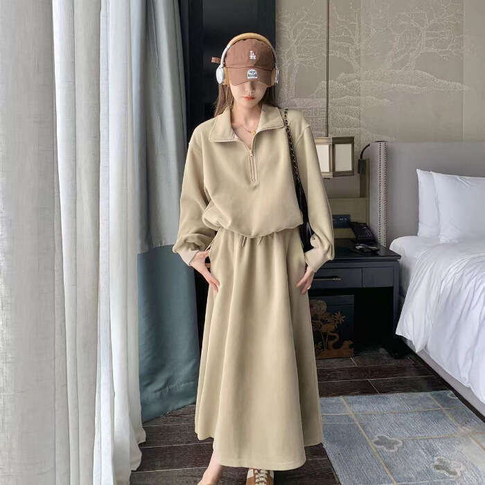 Petite Casual Sports Sweatshirt For Women Spring And Autumn New Korean Style Loose Age-Reducing Two-Piece Skirt Set B5