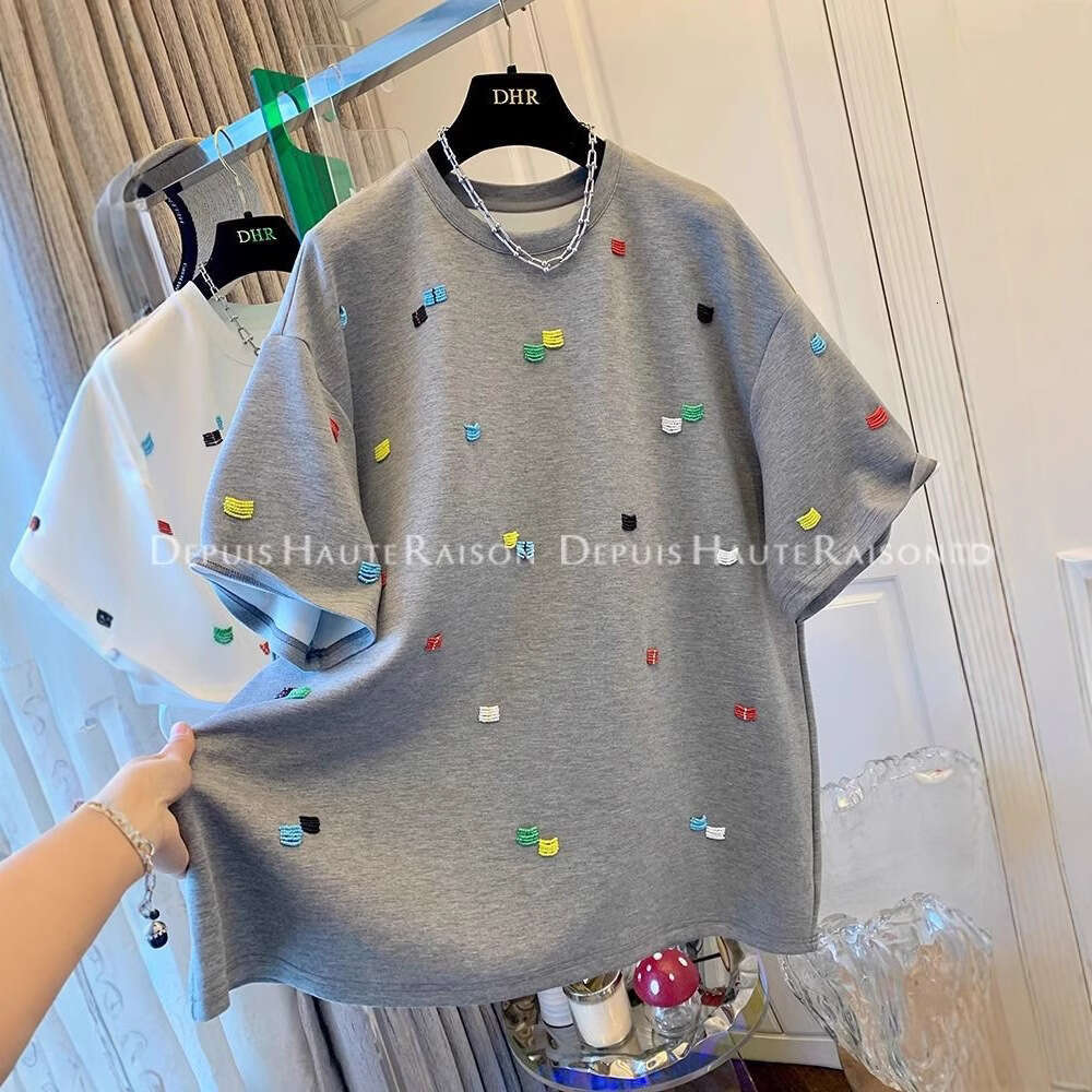 Summer Regular Shoulder Short Sleeve Unique Korean Style Embroidered Top Niche Design Loose Plus Size Women's T-Shirt B5 h7