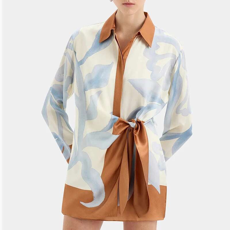 Elegant New Graphic Long Sleeve Loose Mini Casual Women Tie-up Party Ladies Fashion Lapel Collar Shirts Dress