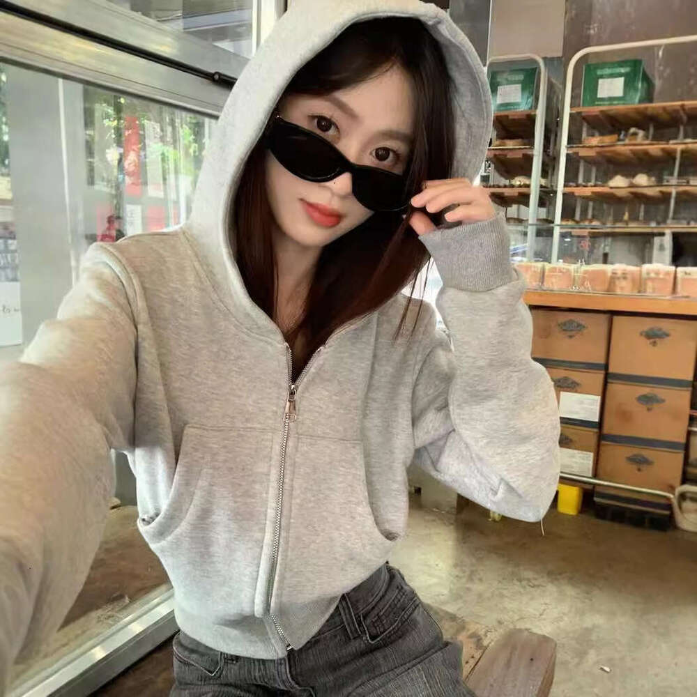 American Style Gray Hooded Sweatshirt Jacket For Women Early Autumn New Cleanfit Zipper Cardigan Short Top B5 h7