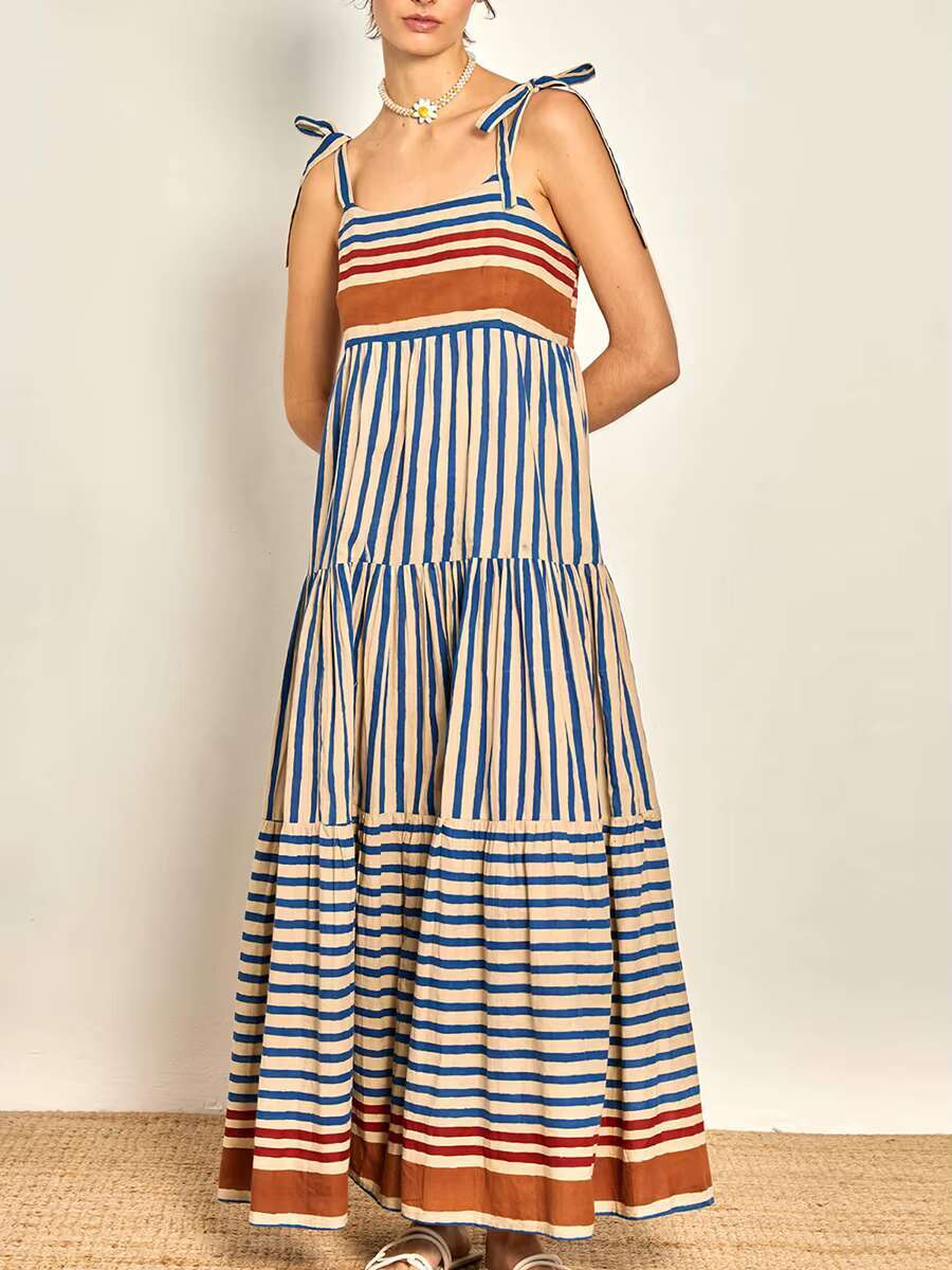 Womens Maxi Summer Casual Sleeveless Open Back Low Cut Flowy Stripe Shrimp Print Dresses 90s Vintage Long Cami Dress dongdumaoyi
