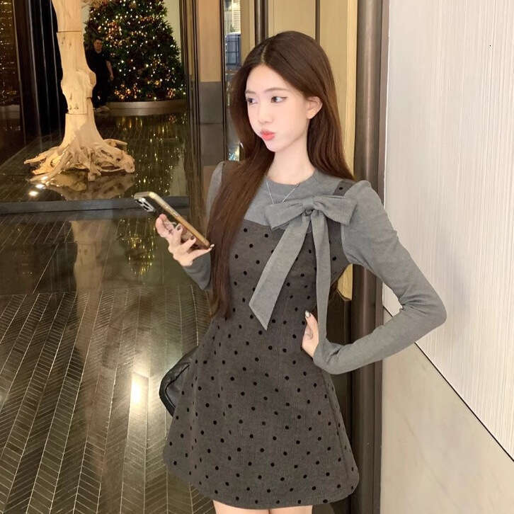 Korean Style Two-Piece Bowknot Polka Dot Set Spring And Autumn New Waist-Cinching Slimming A-Line Long Dress For Women B5