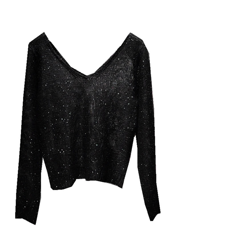 Sequined Double V-Neck Slim Fit Slim Knit Sweater Sparkling Sexy Hollow Bottom Long Sleeve Off-the-Shoulder Top 250708