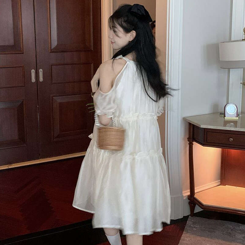 French Style Gentle Temperament Slimming Off-Shoulder For Women Summer New Design Sense Niche Loose Apricot Dress B5