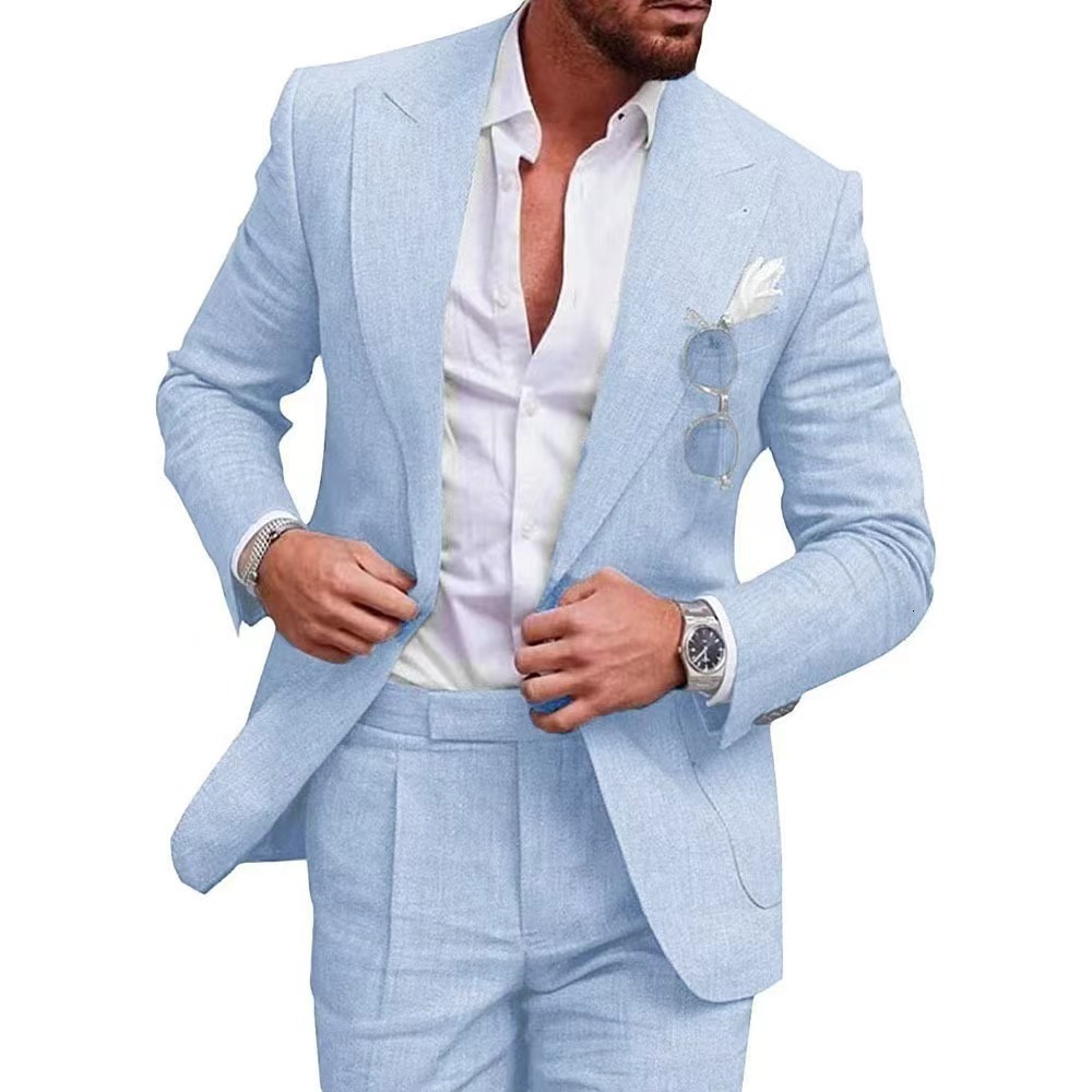 Summer Men Linen Suits Purple 2 Piece Beach Wedding Tuxedos Peaked Lapel Groom Man Casual Slim Fit Male Suit only Blazer 250222