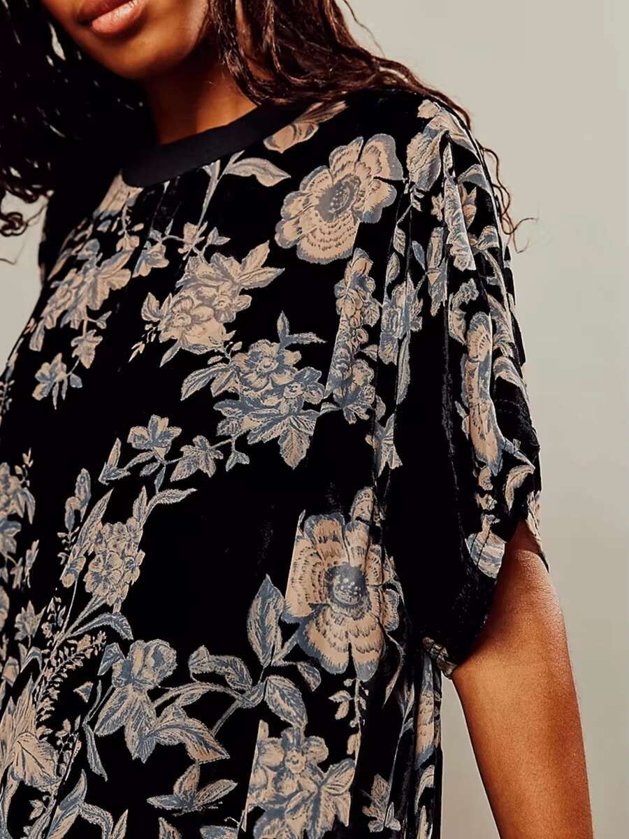 Women Velvet Summer Casual Loose Long Sleeve Crew Neck Flower Mini Lady Female Short Dress dongdumaoyi