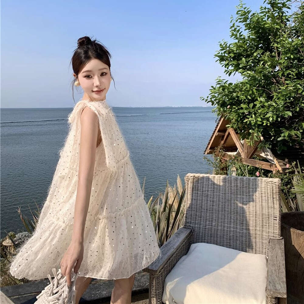 Gentle Style Lace-Up Halter Fairy For Women Summer New Fashion Sleeveless Sequin Doll Dress B5