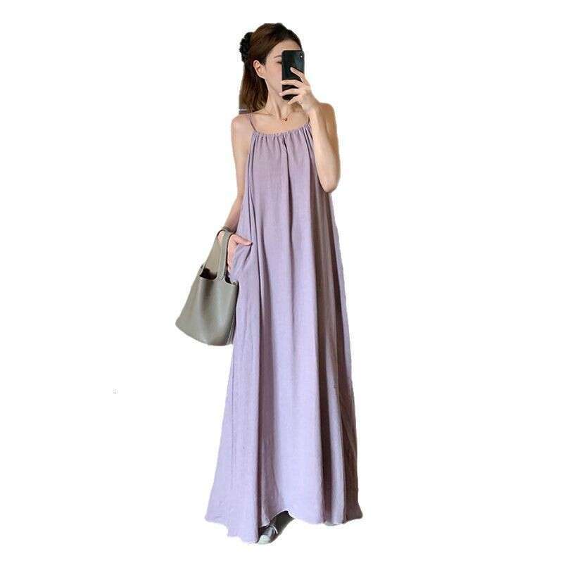 French Style Spaghetti Strap For Women Spring Summer New Elegant Loose Slimming Vacation Sleeveless A-Line Long Dress B5