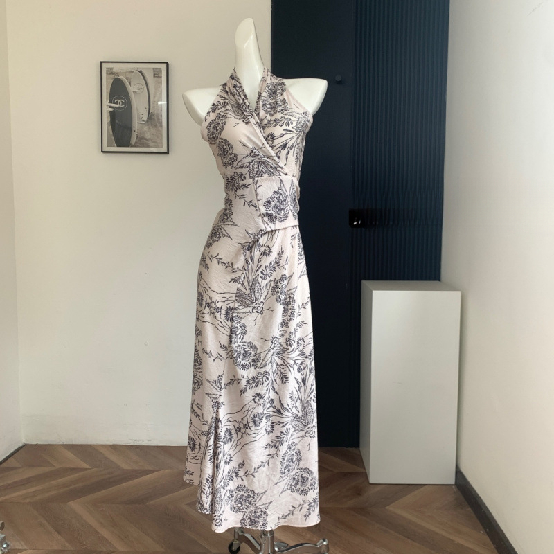 2025 New women's dress, new fashionable Chinese style printed cross strap sleeveless dress, Chinese ink painting style, new designer dress